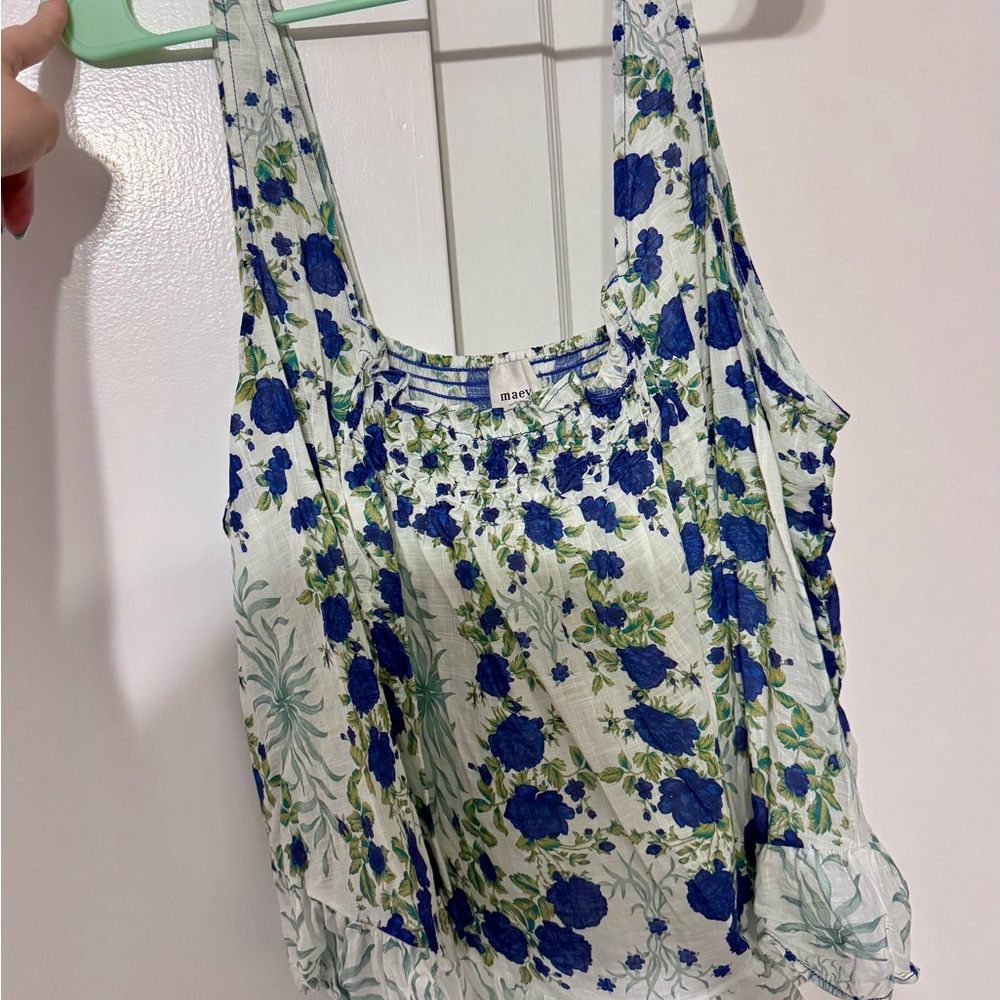 Anthropology Maeve White Tank Top with Blue Floral Print